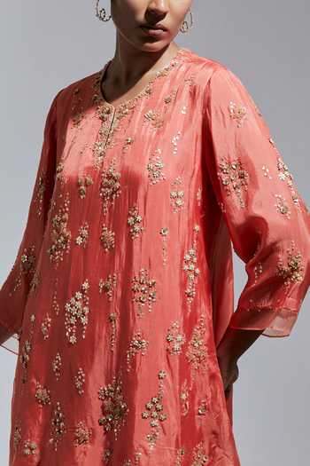 One Not Two Peach Silk Round Neck Hand Embroidered Kurta And Sharara Set at Aza Fashions One Not Two_Peach Silk Round Neck Hand Embroidered Kurta And Sharara Set _at_Aza_Fashions