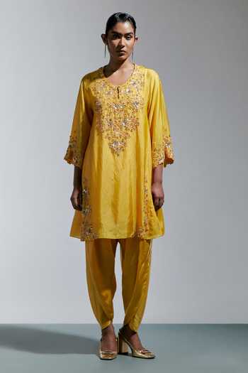 One Not Two Yellow Silk, Cotton V-neck, Yes Floral Hand Embroidered Kurta And Salwar Set Online at Aza Fashions One Not Two_Yellow Silk, Cotton V-neck, Yes Floral Hand Embroidered Kurta And Salwar Set _Online_at_Aza_Fashions
