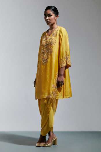Buy One Not Two Yellow Silk, Cotton V-neck, Yes Floral Hand Embroidered Kurta And Salwar Set Online at Aza Fashions Buy_One Not Two_Yellow Silk, Cotton V-neck, Yes Floral Hand Embroidered Kurta And Salwar Set _Online_at_Aza_Fashions