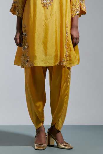 Shop One Not Two Yellow Silk, Cotton V-neck, Yes Floral Hand Embroidered Kurta And Salwar Set Online at Aza Fashions Shop_One Not Two_Yellow Silk, Cotton V-neck, Yes Floral Hand Embroidered Kurta And Salwar Set _Online_at_Aza_Fashions