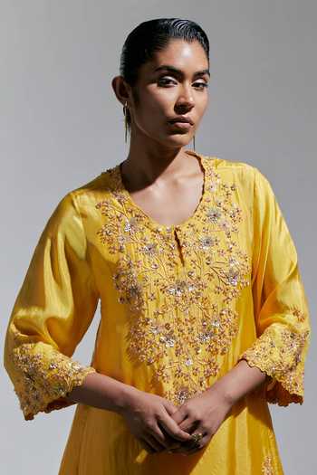 One Not Two Yellow Silk, Cotton V-neck, Yes Floral Hand Embroidered Kurta And Salwar Set at Aza Fashions One Not Two_Yellow Silk, Cotton V-neck, Yes Floral Hand Embroidered Kurta And Salwar Set _at_Aza_Fashions
