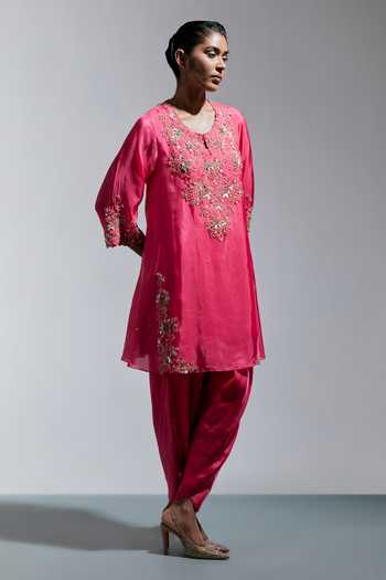 One Not Two Pink Silk, Cotton V-neck Floral Embroidered Kurta And Salwar Set Online at Aza Fashions One Not Two_Pink Silk, Cotton V-neck Floral Embroidered Kurta And Salwar Set _Online_at_Aza_Fashions