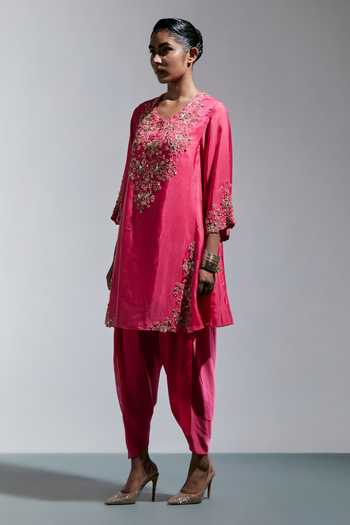 Shop One Not Two Pink Silk, Cotton V-neck Floral Embroidered Kurta And Salwar Set Online at Aza Fashions Shop_One Not Two_Pink Silk, Cotton V-neck Floral Embroidered Kurta And Salwar Set _Online_at_Aza_Fashions