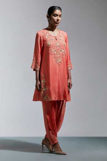 One Not Two Peach Silk, Cotton Scoop Neck Sequin Work Kurta And Salwar Set Online at Aza Fashions One Not Two_Peach Silk, Cotton Scoop Neck Sequin Work Kurta And Salwar Set _Online_at_Aza_Fashions