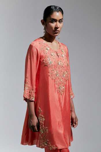 One Not Two Peach Silk, Cotton Scoop Neck Sequin Work Kurta And Salwar Set at Aza Fashions One Not Two_Peach Silk, Cotton Scoop Neck Sequin Work Kurta And Salwar Set _at_Aza_Fashions