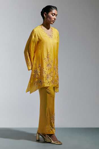 One Not Two Yellow Silk V-neck, Yes Embroidered Kurta And Pant Set Online at Aza Fashions One Not Two_Yellow Silk V-neck, Yes Embroidered Kurta And Pant Set _Online_at_Aza_Fashions