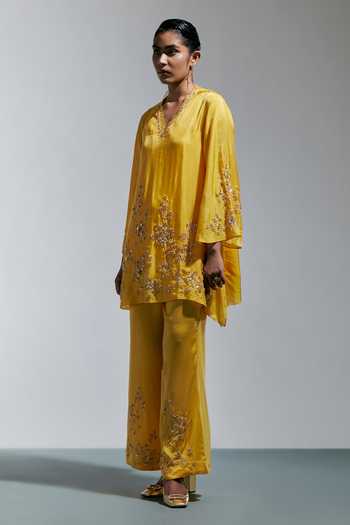 Buy One Not Two Yellow Silk V-neck, Yes Embroidered Kurta And Pant Set Online at Aza Fashions Buy_One Not Two_Yellow Silk V-neck, Yes Embroidered Kurta And Pant Set _Online_at_Aza_Fashions