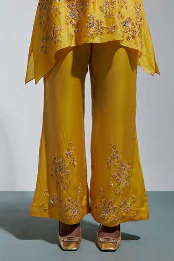 Shop One Not Two Yellow Silk V-neck, Yes Embroidered Kurta And Pant Set Online at Aza Fashions Shop_One Not Two_Yellow Silk V-neck, Yes Embroidered Kurta And Pant Set _Online_at_Aza_Fashions