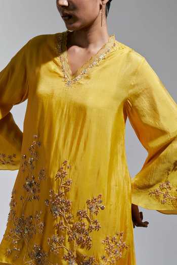 One Not Two Yellow Silk V-neck, Yes Embroidered Kurta And Pant Set at Aza Fashions One Not Two_Yellow Silk V-neck, Yes Embroidered Kurta And Pant Set _at_Aza_Fashions