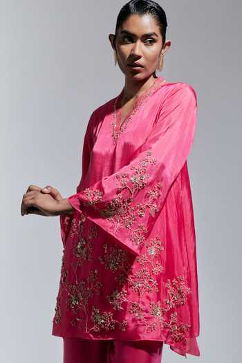 Shop One Not Two Pink Silk V-neck Embroidered Straight Kurta And Pant Set Online at Aza Fashions Shop_One Not Two_Pink Silk V-neck Embroidered Straight Kurta And Pant Set _Online_at_Aza_Fashions