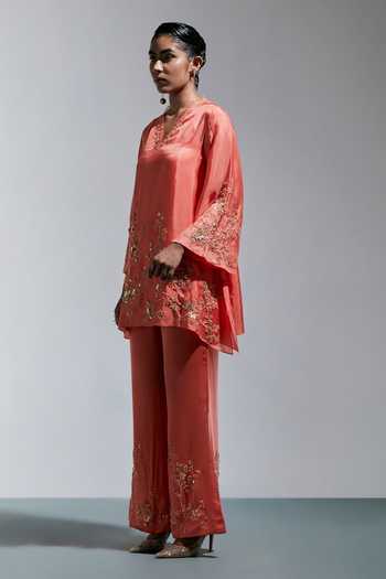 One Not Two Peach Silk V-neck, Yes Embroidered Straight Kurta And Pant Set Online at Aza Fashions One Not Two_Peach Silk V-neck, Yes Embroidered Straight Kurta And Pant Set _Online_at_Aza_Fashions
