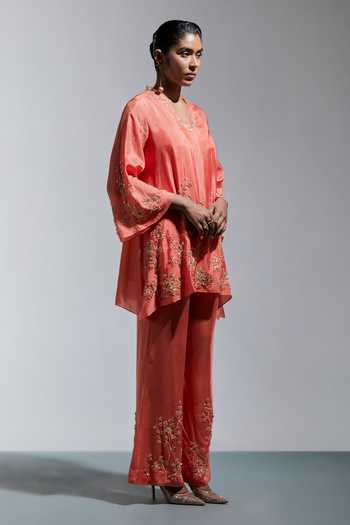 Buy One Not Two Peach Silk V-neck, Yes Embroidered Straight Kurta And Pant Set Online at Aza Fashions Buy_One Not Two_Peach Silk V-neck, Yes Embroidered Straight Kurta And Pant Set _Online_at_Aza_Fashions