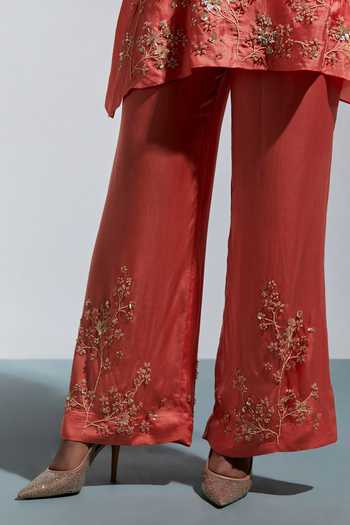 Shop One Not Two Peach Silk V-neck, Yes Embroidered Straight Kurta And Pant Set Online at Aza Fashions Shop_One Not Two_Peach Silk V-neck, Yes Embroidered Straight Kurta And Pant Set _Online_at_Aza_Fashions