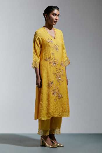 One Not Two Yellow Silk, Cotton V-neck Embroidered Kurta And Pant Set Online at Aza Fashions One Not Two_Yellow Silk, Cotton V-neck Embroidered Kurta And Pant Set _Online_at_Aza_Fashions