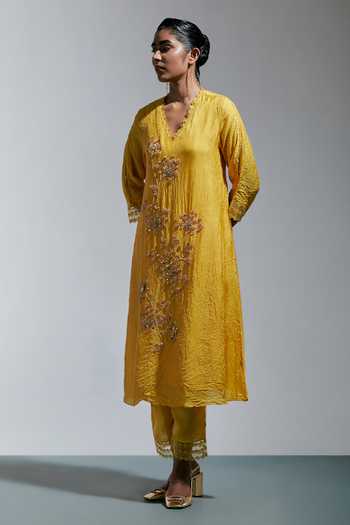 Buy One Not Two Yellow Silk, Cotton V-neck Embroidered Kurta And Pant Set Online at Aza Fashions Buy_One Not Two_Yellow Silk, Cotton V-neck Embroidered Kurta And Pant Set _Online_at_Aza_Fashions