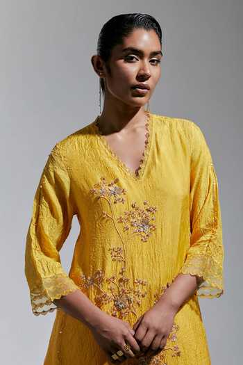 Shop One Not Two Yellow Silk, Cotton V-neck Embroidered Kurta And Pant Set Online at Aza Fashions Shop_One Not Two_Yellow Silk, Cotton V-neck Embroidered Kurta And Pant Set _Online_at_Aza_Fashions