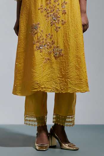 One Not Two Yellow Silk, Cotton V-neck Embroidered Kurta And Pant Set at Aza Fashions One Not Two_Yellow Silk, Cotton V-neck Embroidered Kurta And Pant Set _at_Aza_Fashions