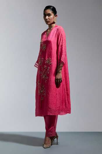 One Not Two Pink Silk, Cotton V-neck Floral Embroidered Kurta And Pant Set Online at Aza Fashions One Not Two_Pink Silk, Cotton V-neck Floral Embroidered Kurta And Pant Set _Online_at_Aza_Fashions