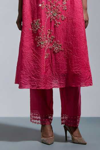 One Not Two Pink Silk, Cotton V-neck Floral Embroidered Kurta And Pant Set at Aza Fashions One Not Two_Pink Silk, Cotton V-neck Floral Embroidered Kurta And Pant Set _at_Aza_Fashions
