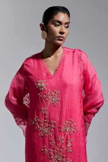 Buy One Not Two Pink Silk, Cotton V-neck Floral Embroidered Kurta And Pant Set Buy_One Not Two_Pink Silk, Cotton V-neck Floral Embroidered Kurta And Pant Set