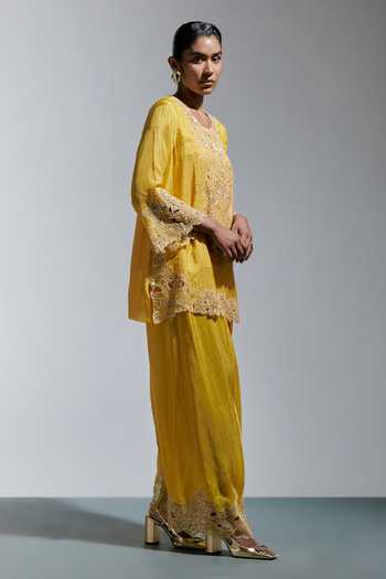 One Not Two Yellow Silk, Cotton Round Neck Floral Embroidered Kurta And Salwar Set Online at Aza Fashions One Not Two_Yellow Silk, Cotton Round Neck Floral Embroidered Kurta And Salwar Set _Online_at_Aza_Fashions