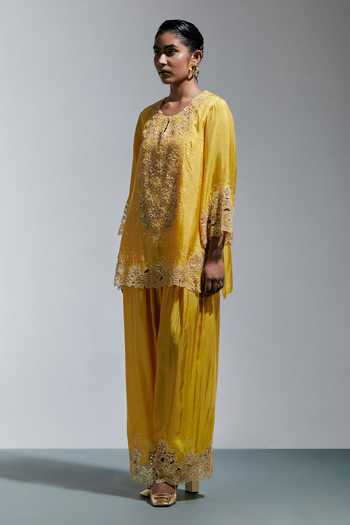 Buy One Not Two Yellow Silk, Cotton Round Neck Floral Embroidered Kurta And Salwar Set Online at Aza Fashions Buy_One Not Two_Yellow Silk, Cotton Round Neck Floral Embroidered Kurta And Salwar Set _Online_at_Aza_Fashions