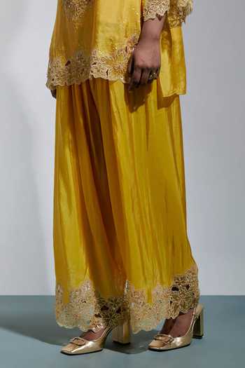 Shop One Not Two Yellow Silk, Cotton Round Neck Floral Embroidered Kurta And Salwar Set Online at Aza Fashions Shop_One Not Two_Yellow Silk, Cotton Round Neck Floral Embroidered Kurta And Salwar Set _Online_at_Aza_Fashions