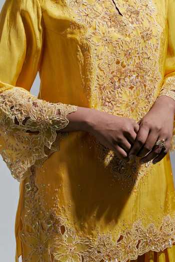 One Not Two Yellow Silk, Cotton Round Neck Floral Embroidered Kurta And Salwar Set at Aza Fashions One Not Two_Yellow Silk, Cotton Round Neck Floral Embroidered Kurta And Salwar Set _at_Aza_Fashions