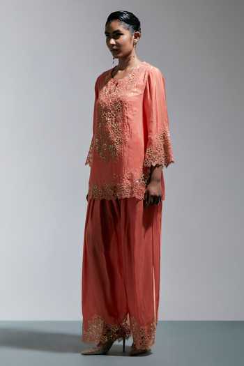 One Not Two Peach Silk Split V-neck Embroidered Kurta And Salwar Set Online at Aza Fashions One Not Two_Peach Silk Split V-neck Embroidered Kurta And Salwar Set _Online_at_Aza_Fashions