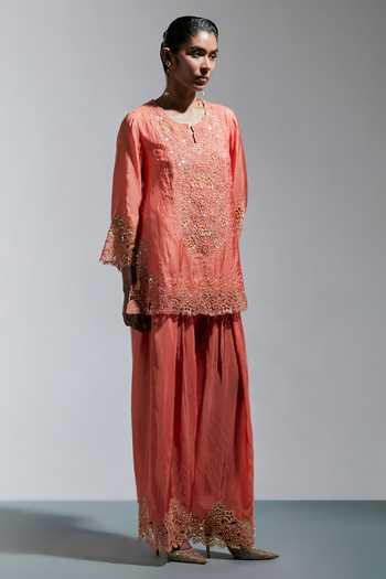 Buy One Not Two Peach Silk Split V-neck Embroidered Kurta And Salwar Set Online at Aza Fashions Buy_One Not Two_Peach Silk Split V-neck Embroidered Kurta And Salwar Set _Online_at_Aza_Fashions