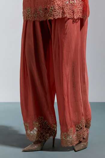 Shop One Not Two Peach Silk Split V-neck Embroidered Kurta And Salwar Set Online at Aza Fashions Shop_One Not Two_Peach Silk Split V-neck Embroidered Kurta And Salwar Set _Online_at_Aza_Fashions