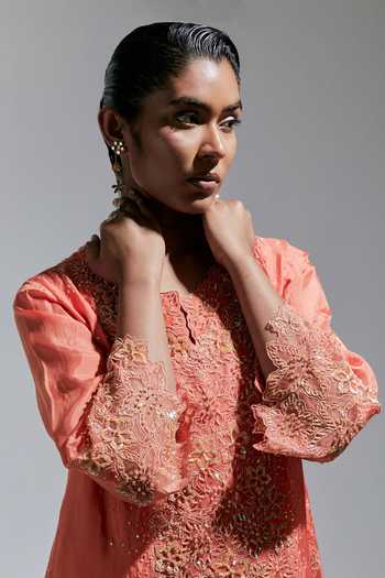 One Not Two Peach Silk Split V-neck Embroidered Kurta And Salwar Set at Aza Fashions One Not Two_Peach Silk Split V-neck Embroidered Kurta And Salwar Set _at_Aza_Fashions
