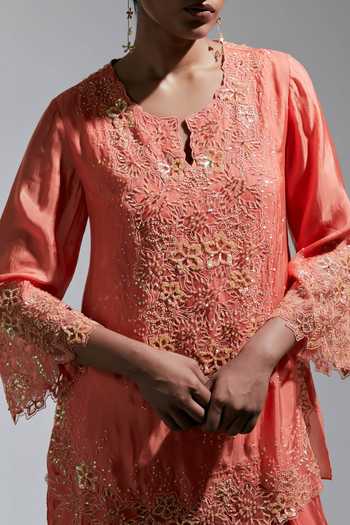 Buy One Not Two Peach Silk Split V-neck Embroidered Kurta And Salwar Set Buy_One Not Two_Peach Silk Split V-neck Embroidered Kurta And Salwar Set
