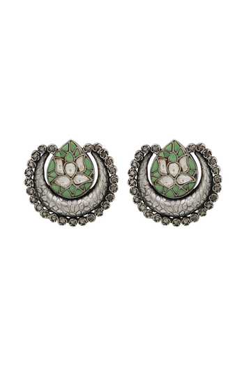 Sangeeta Boochra Green Heritage Lotus Oxidised Earrings Online at Aza Fashions Sangeeta Boochra_Green Heritage Lotus Oxidised Earrings _Online_at_Aza_Fashions