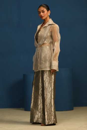 Vedangi Agarwal_Grey Organza, Brocade Collared Neck Stary Night Pintucked Shirt _Online_at_Aza_Fashions