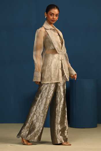 Buy_Vedangi Agarwal_Grey Organza, Brocade Collared Neck Stary Night Pintucked Shirt _Online_at_Aza_Fashions