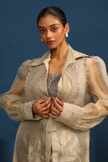 Shop_Vedangi Agarwal_Grey Organza, Brocade Collared Neck Stary Night Pintucked Shirt _Online_at_Aza_Fashions