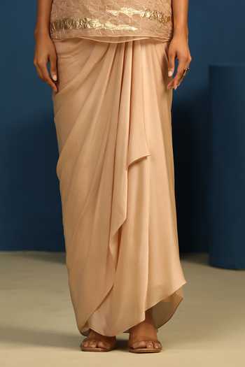Vedangi Agarwal Peach Georgette, Satin, Shantoon Moon Flower Draped Skirt Online at Aza Fashions Vedangi Agarwal_Peach Georgette, Satin, Shantoon Moon Flower Draped Skirt _Online_at_Aza_Fashions