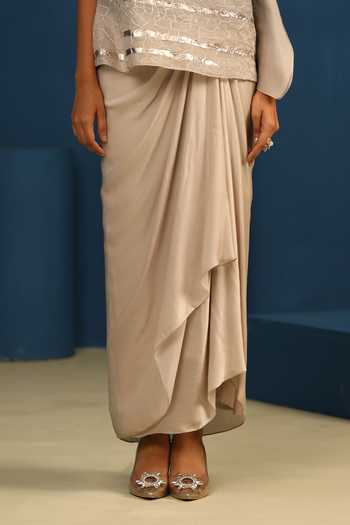 Vedangi Agarwal Beige Georgette, Satin, Shantoon Moon Flower Draped Skirt Online at Aza Fashions Vedangi Agarwal_Beige Georgette, Satin, Shantoon Moon Flower Draped Skirt _Online_at_Aza_Fashions