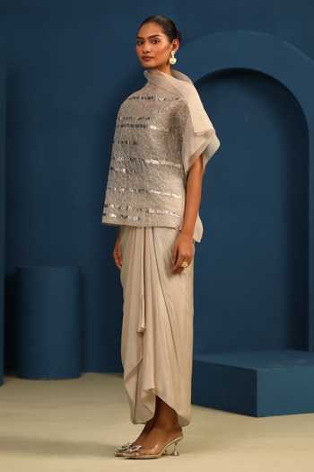 Buy Vedangi Agarwal Beige Georgette, Satin, Shantoon Moon Flower Draped Skirt Online at Aza Fashions Buy_Vedangi Agarwal_Beige Georgette, Satin, Shantoon Moon Flower Draped Skirt _Online_at_Aza_Fashions