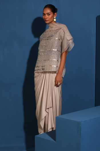 Shop Vedangi Agarwal Beige Georgette, Satin, Shantoon Moon Flower Draped Skirt Online at Aza Fashions Shop_Vedangi Agarwal_Beige Georgette, Satin, Shantoon Moon Flower Draped Skirt _Online_at_Aza_Fashions