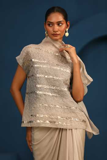 Vedangi Agarwal Beige Georgette, Satin, Shantoon Moon Flower Draped Skirt at Aza Fashions Vedangi Agarwal_Beige Georgette, Satin, Shantoon Moon Flower Draped Skirt _at_Aza_Fashions