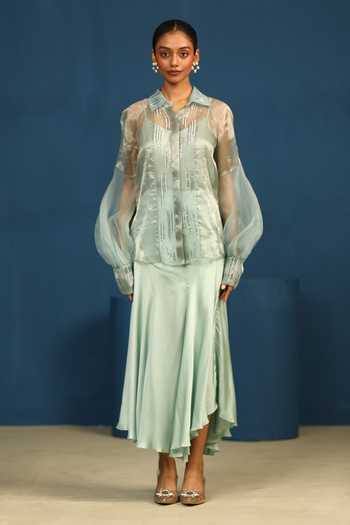 Shop_Vedangi Agarwal_Blue Go With A Flow Asymmetric Skirt _Online_at_Aza_Fashions