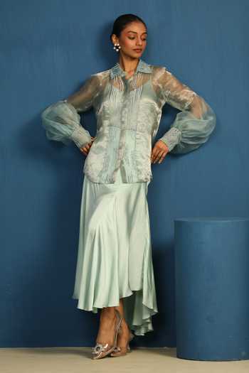 Shop_Vedangi Agarwal_Blue Georgette, Satin Mandarin Collar Go With A Flow Embroidered Top _Online_at_Aza_Fashions