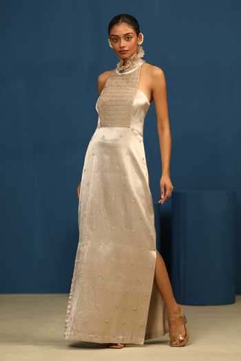 Vedangi Agarwal_Beige Organza, Satin High Neck A Midnight Affair Long Dress _Online_at_Aza_Fashions