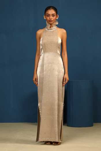 Buy_Vedangi Agarwal_Beige Organza, Satin High Neck A Midnight Affair Long Dress _Online_at_Aza_Fashions