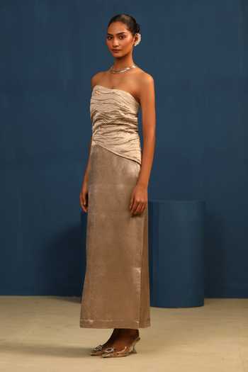 Vedangi Agarwal_Grey Satin Bandeau Neck Midnight Sonata Off-shoulder Embroidered Top _Online_at_Aza_Fashions