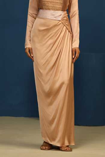 Vedangi Agarwal_Beige Satin, Bemberg Whispered Moon Draped Skirt _Online_at_Aza_Fashions
