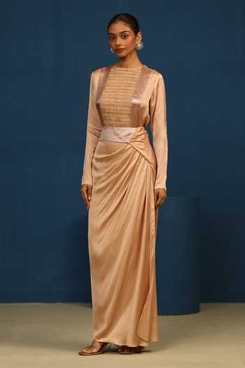 Buy_Vedangi Agarwal_Beige Satin, Bemberg Whispered Moon Draped Skirt _Online_at_Aza_Fashions