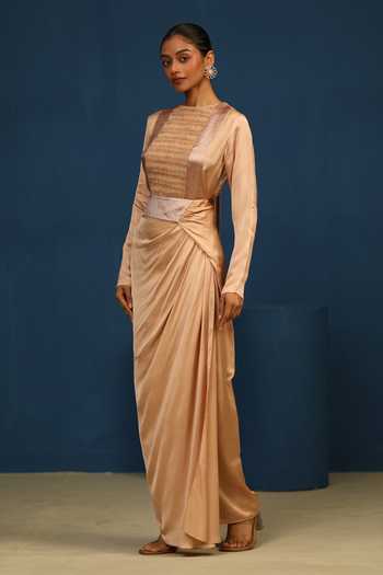 Shop_Vedangi Agarwal_Beige Satin, Bemberg Whispered Moon Draped Skirt _Online_at_Aza_Fashions